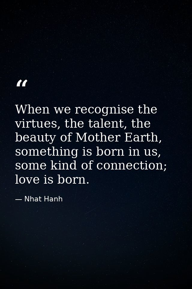 When we recognise the virtues, the talent, the beauty of Mother Earth, something is born in us, some kind of connection; — Nhat Hanh