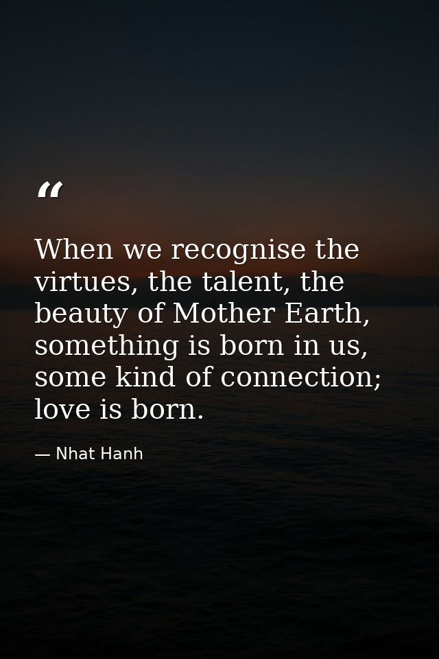 When we recognise the virtues, the talent, the beauty of Mother Earth, something is born in us, some kind of connection; — Nhat Hanh