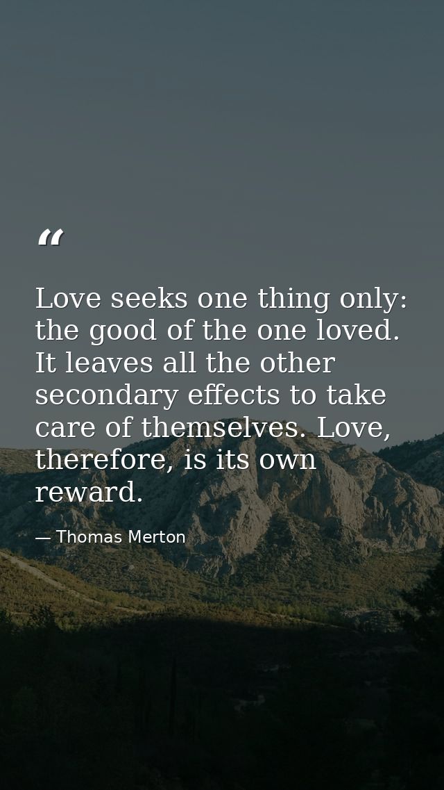 Love seeks one thing only: the good of the one loved. It leaves all the other secondary effects to take care of themselv — Thomas Merton