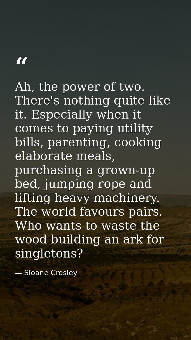 Ah, the power of two. There's nothing quite like it. Especially when it comes to paying utility bills, parenting, cookin — Sloane Crosley