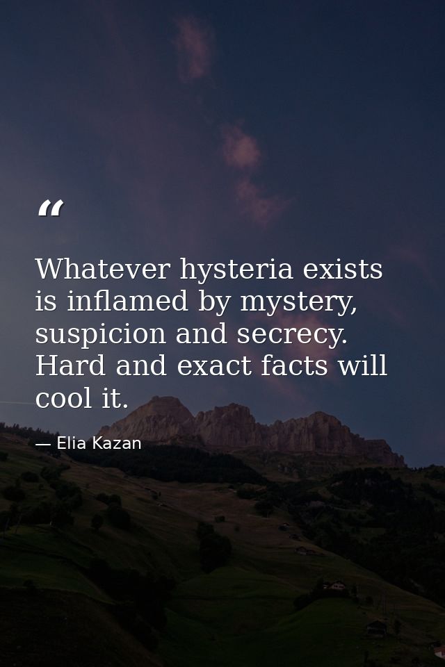 Whatever hysteria exists is inflamed by mystery, suspicion and secrecy. Hard and exact facts will cool it. — Elia Kazan