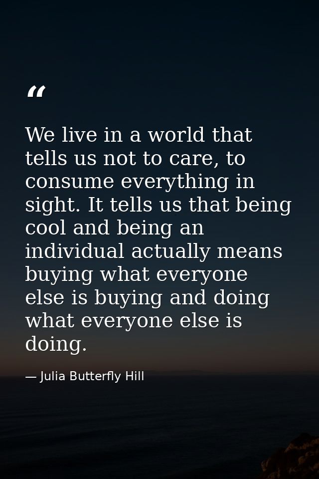 We live in a world that tells us not to care, to consume everything in sight. It tells us that being cool and being an i — Julia Butterfly Hill