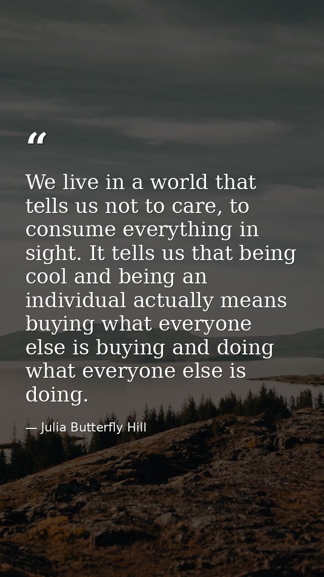 We live in a world that tells us not to care, to consume everything in sight. It tells us that being cool and being an i — Julia Butterfly Hill