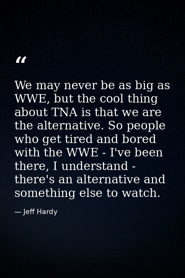 We may never be as big as WWE, but the cool thing about TNA is that we are the alternative. So people who get tired and  — Jeff Hardy