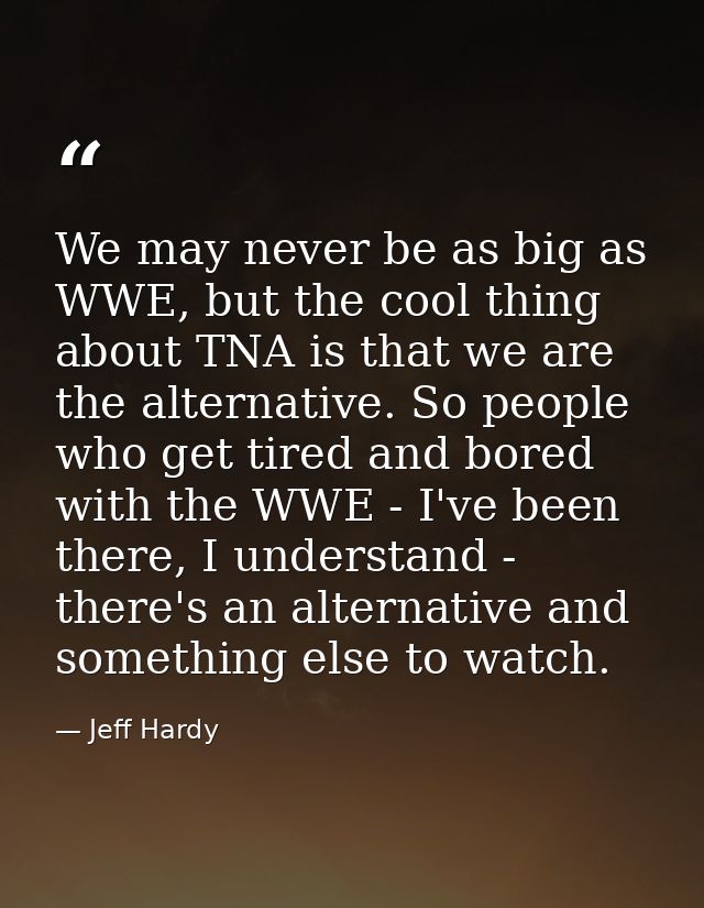 We may never be as big as WWE, but the cool thing about TNA is that we are the alternative. So people who get tired and  — Jeff Hardy
