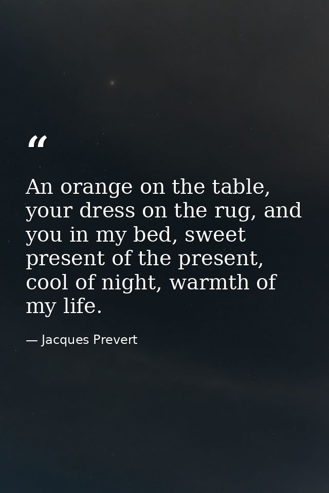 An orange on the table, your dress on the rug, and you in my bed, sweet present of the present, cool of night, warmth of — Jacques Prevert