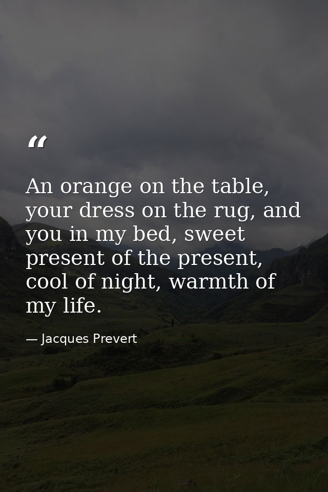An orange on the table, your dress on the rug, and you in my bed, sweet present of the present, cool of night, warmth of — Jacques Prevert