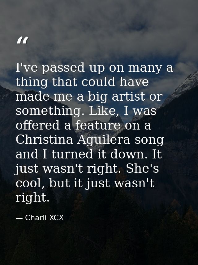 I've passed up on many a thing that could have made me a big artist or something. Like, I was offered a feature on a Chr — Charli XCX