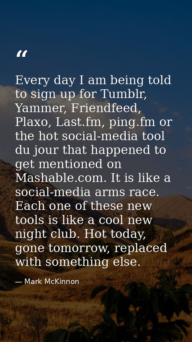 Every day I am being told to sign up for Tumblr, Yammer, Friendfeed, Plaxo, Last.fm, ping.fm or the hot social-media too — Mark McKinnon
