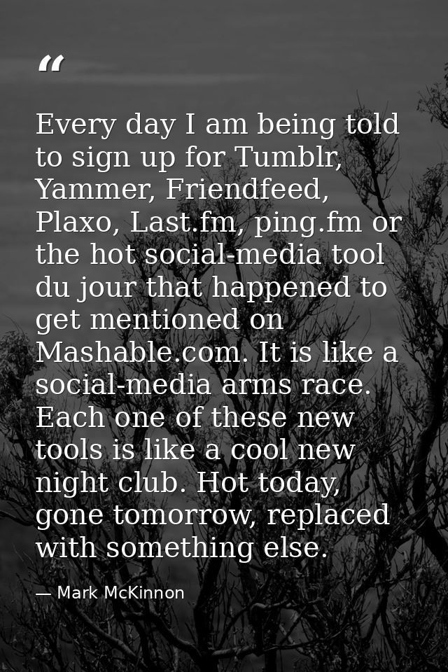 Every day I am being told to sign up for Tumblr, Yammer, Friendfeed, Plaxo, Last.fm, ping.fm or the hot social-media too — Mark McKinnon