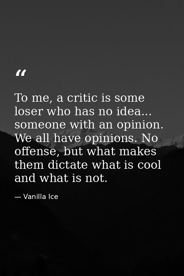 To me, a critic is some loser who has no idea... someone with an opinion. We all have opinions. No offense, but what mak — Vanilla Ice