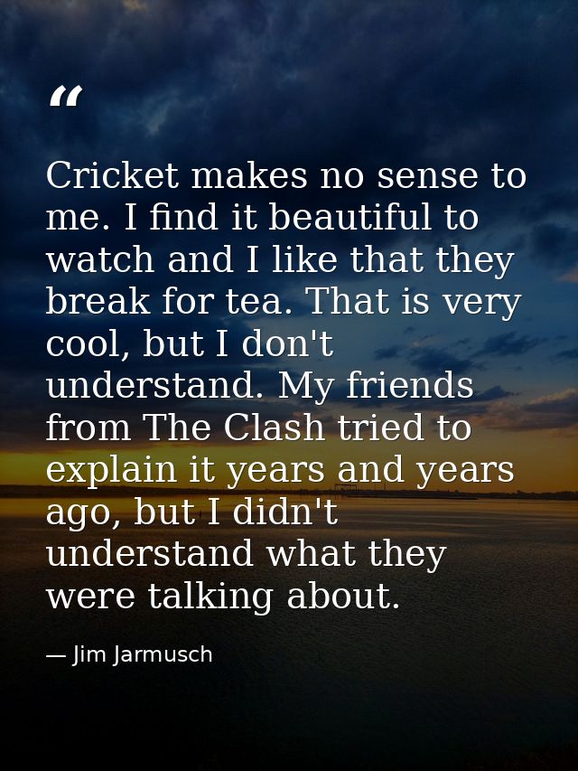 Cricket makes no sense to me. I find it beautiful to watch and I like that they break for tea. That is very cool, but I  — Jim Jarmusch