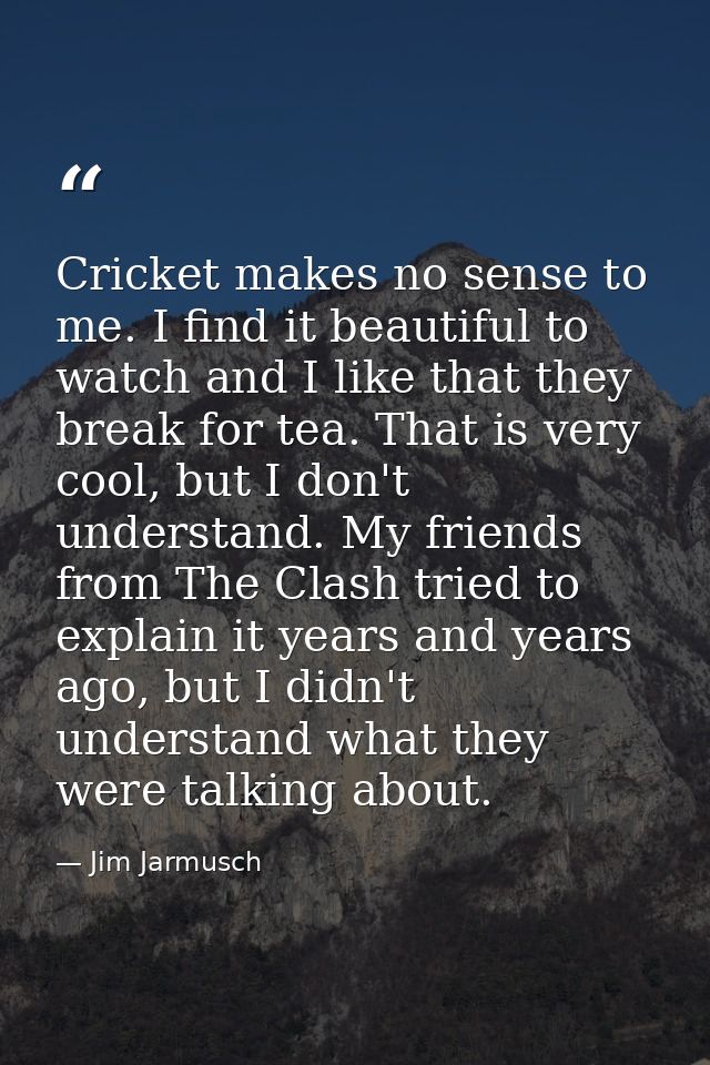 Cricket makes no sense to me. I find it beautiful to watch and I like that they break for tea. That is very cool, but I  — Jim Jarmusch