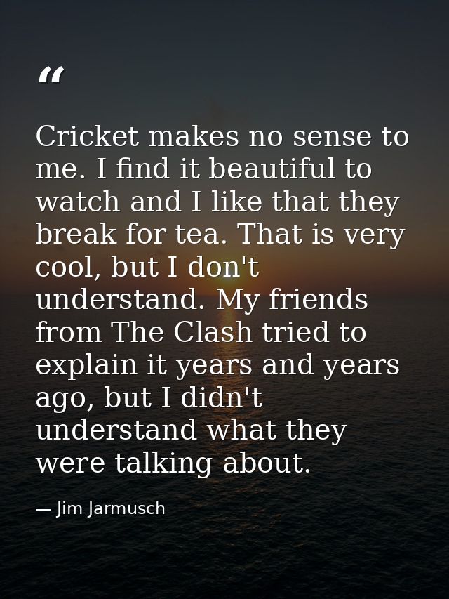 Cricket makes no sense to me. I find it beautiful to watch and I like that they break for tea. That is very cool, but I  — Jim Jarmusch