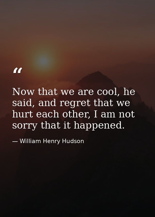 Now that we are cool, he said, and regret that we hurt each other, I am not sorry that it happened. — William Henry Hudson