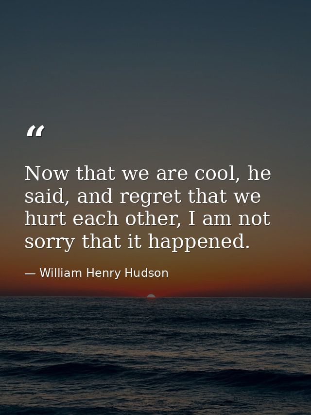 Now that we are cool, he said, and regret that we hurt each other, I am not sorry that it happened. — William Henry Hudson