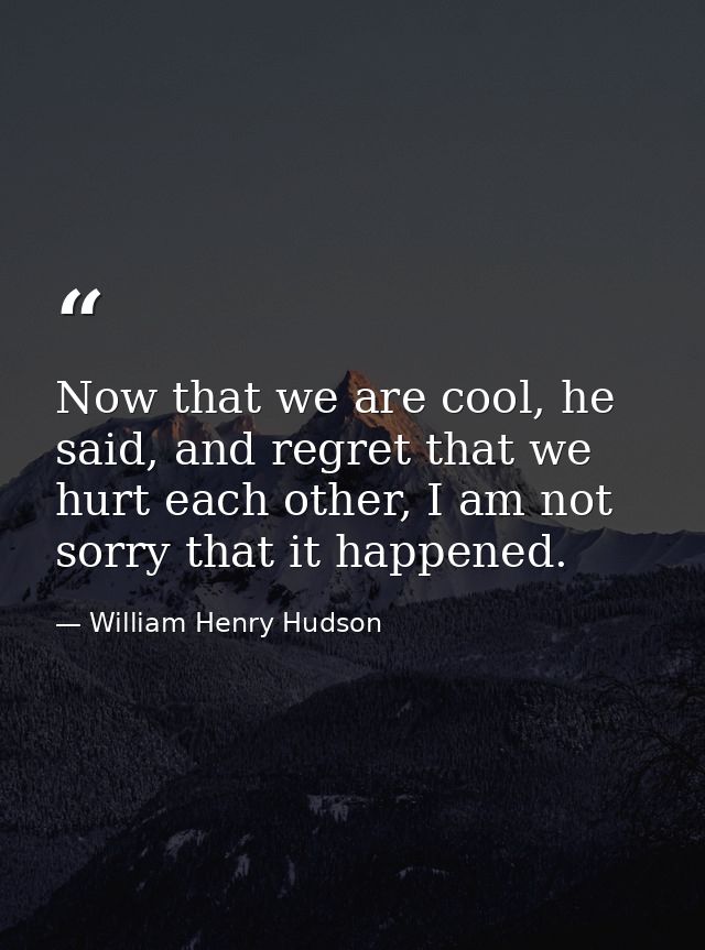 Now that we are cool, he said, and regret that we hurt each other, I am not sorry that it happened. — William Henry Hudson