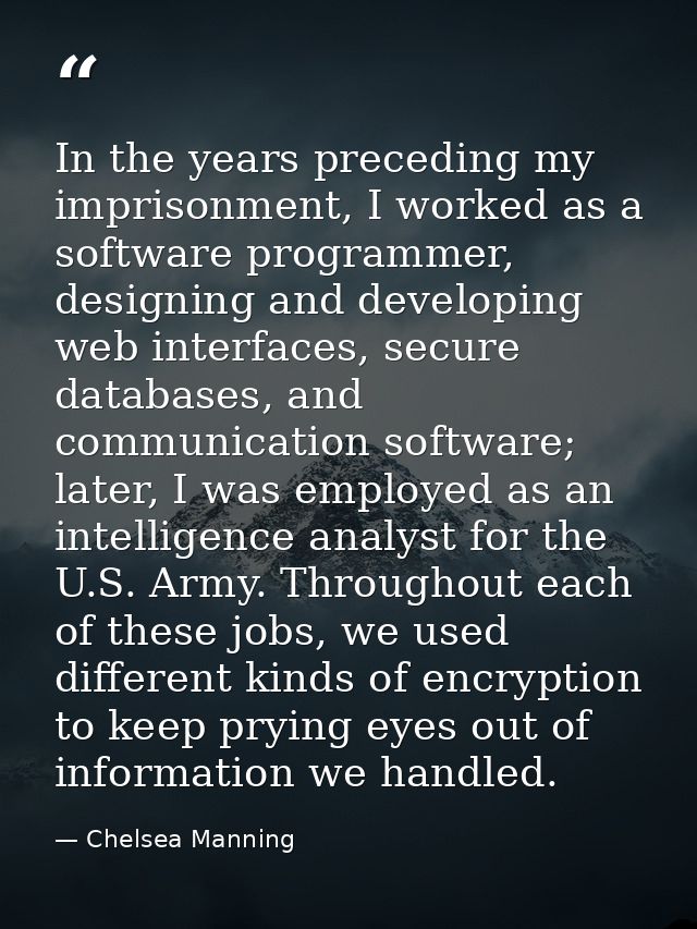 In the years preceding my imprisonment, I worked as a software programmer, designing and developing web interfaces, secu — Chelsea Manning