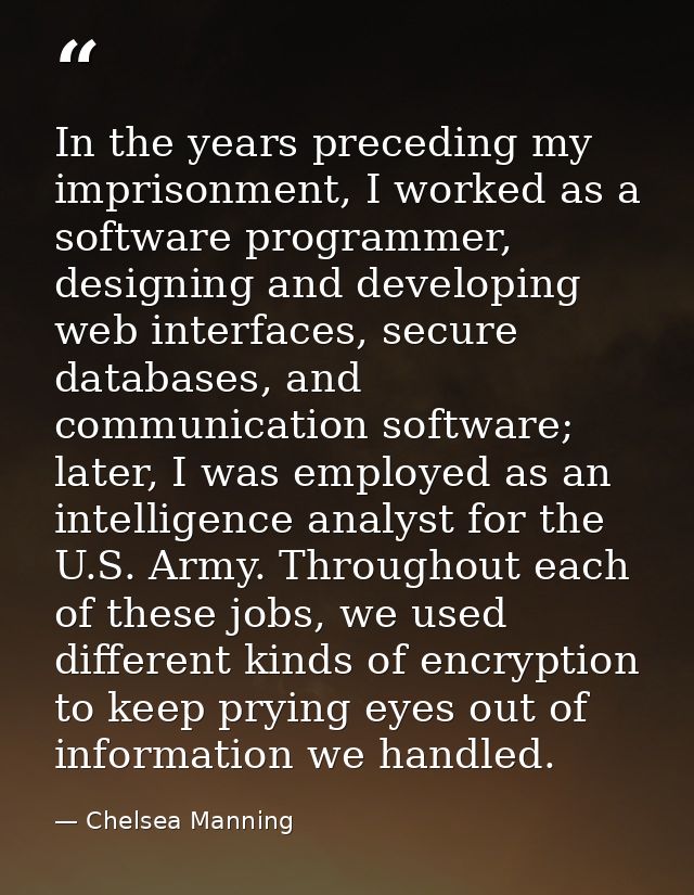 In the years preceding my imprisonment, I worked as a software programmer, designing and developing web interfaces, secu — Chelsea Manning