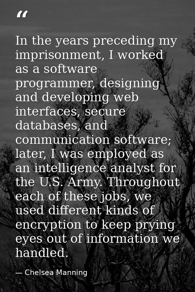 In the years preceding my imprisonment, I worked as a software programmer, designing and developing web interfaces, secu — Chelsea Manning