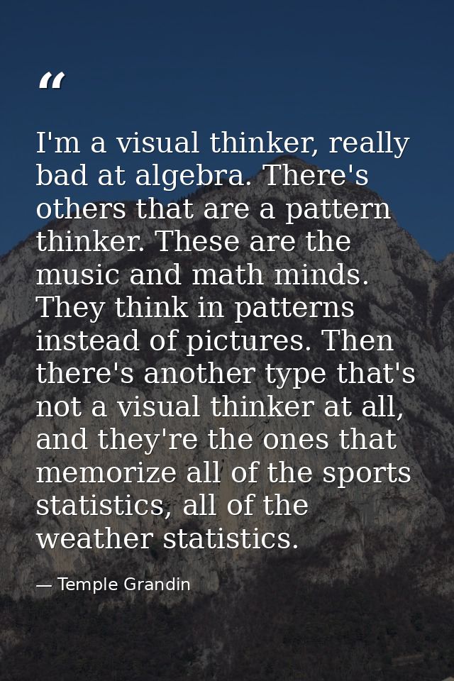 I'm a visual thinker, really bad at algebra. There's others that are a pattern thinker. These are the music and math min — Temple Grandin