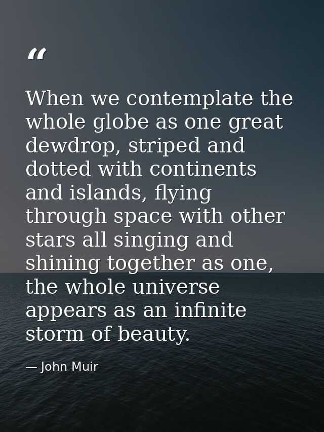 When we contemplate the whole globe as one great dewdrop, striped and dotted with continents and islands, flying through — John Muir