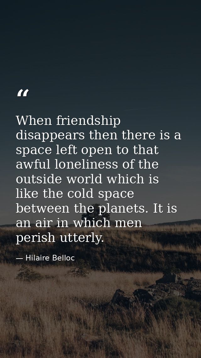 When friendship disappears then there is a space left open to that awful loneliness of the outside world which is like t — Hilaire Belloc