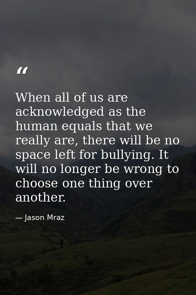 When all of us are acknowledged as the human equals that we really are, there will be no space left for bullying. It wil — Jason Mraz