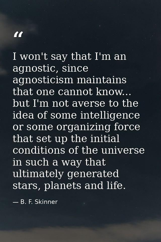 I won't say that I'm an agnostic, since agnosticism maintains that one cannot know... but I'm not averse to the idea of  — B. F. Skinner
