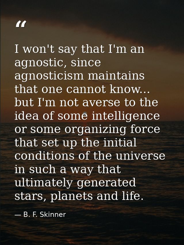 I won't say that I'm an agnostic, since agnosticism maintains that one cannot know... but I'm not averse to the idea of  — B. F. Skinner
