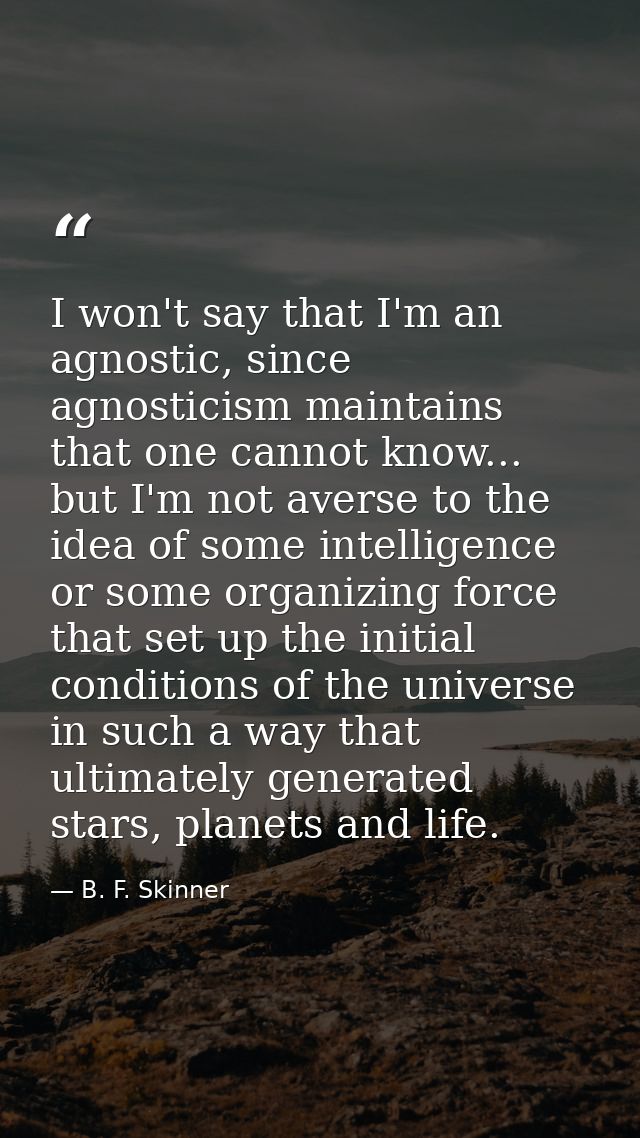 I won't say that I'm an agnostic, since agnosticism maintains that one cannot know... but I'm not averse to the idea of  — B. F. Skinner