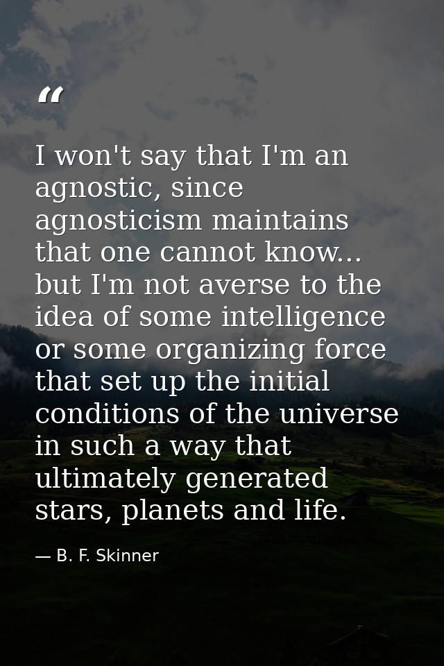 I won't say that I'm an agnostic, since agnosticism maintains that one cannot know... but I'm not averse to the idea of  — B. F. Skinner