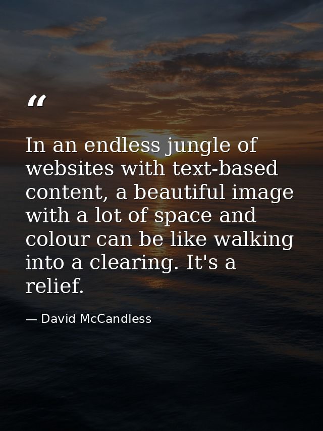 In an endless jungle of websites with text-based content, a beautiful image with a lot of space and colour can be like w — David McCandless