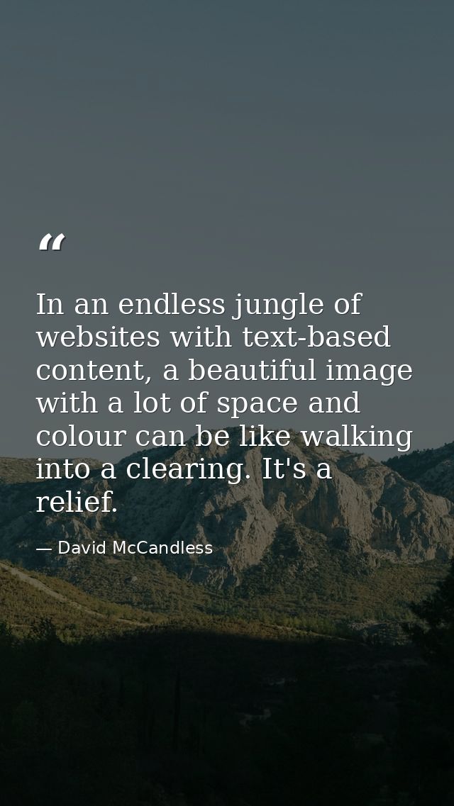 In an endless jungle of websites with text-based content, a beautiful image with a lot of space and colour can be like w — David McCandless