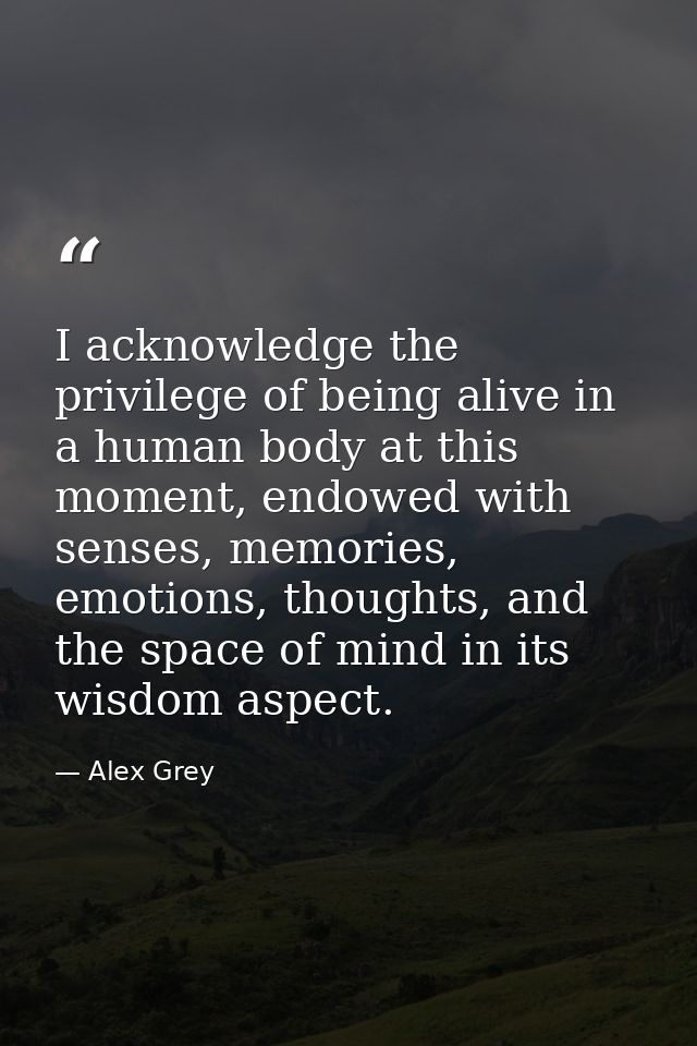 I acknowledge the privilege of being alive in a human body at this moment, endowed with senses, memories, emotions, thou — Alex Grey
