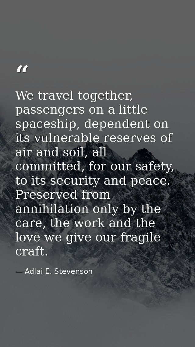 We travel together, passengers on a little spaceship, dependent on its vulnerable reserves of air and soil, all committe — Adlai E. Stevenson
