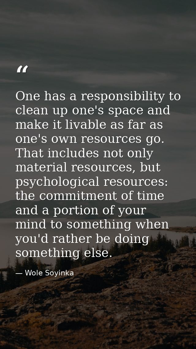 One has a responsibility to clean up one's space and make it livable as far as one's own resources go. That includes not — Wole Soyinka