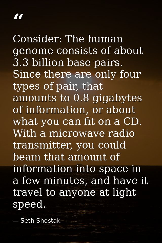 Consider: The human genome consists of about 3.3 billion base pairs. Since there are only four types of pair, that amoun — Seth Shostak