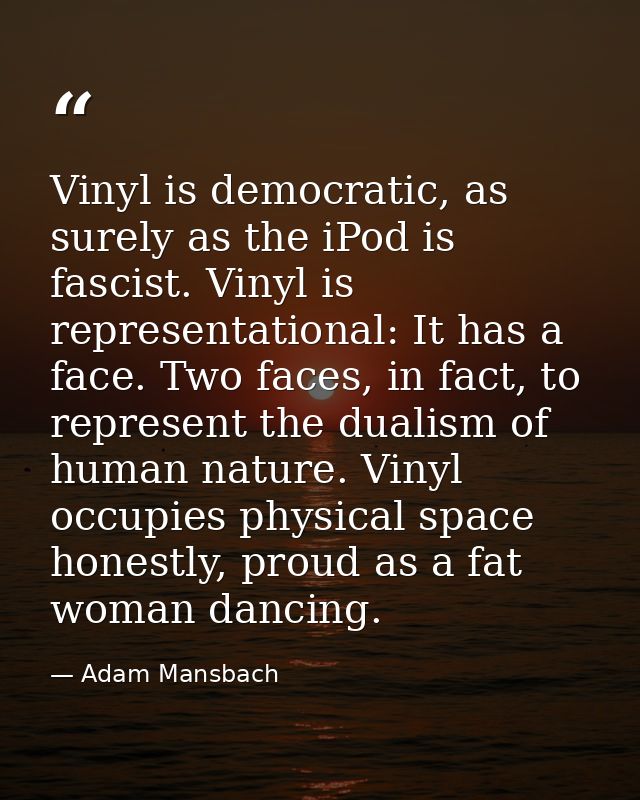 Vinyl is democratic, as surely as the iPod is fascist. Vinyl is representational: It has a face. Two faces, in fact, to  — Adam Mansbach