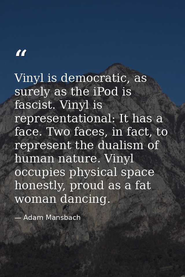 Vinyl is democratic, as surely as the iPod is fascist. Vinyl is representational: It has a face. Two faces, in fact, to  — Adam Mansbach
