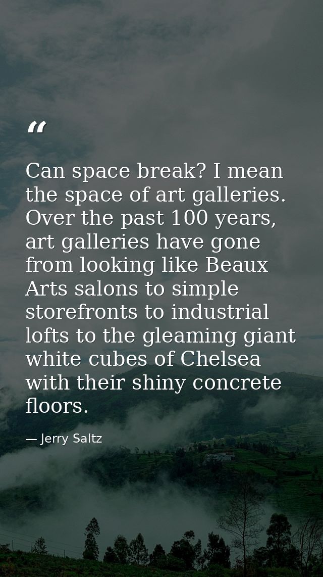 Can space break? I mean the space of art galleries. Over the past 100 years, art galleries have gone from looking like B — Jerry Saltz