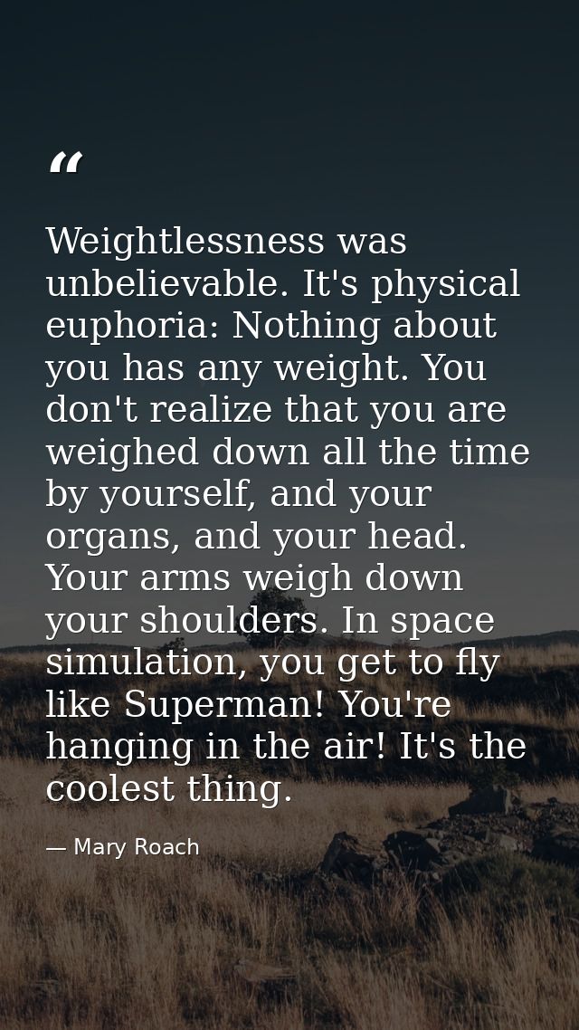 Weightlessness was unbelievable. It's physical euphoria: Nothing about you has any weight. You don't realize that you ar — Mary Roach