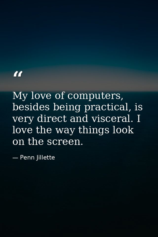 My love of computers, besides being practical, is very direct and visceral. I love the way things look on the screen. — Penn Jillette