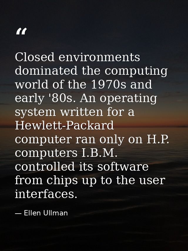 Closed environments dominated the computing world of the 1970s and early '80s. An operating system written for a Hewlett — Ellen Ullman