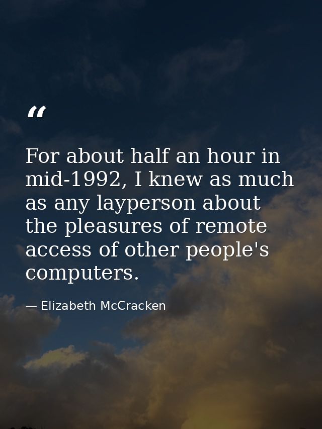 For about half an hour in mid-1992, I knew as much as any layperson about the pleasures of remote access of other people — Elizabeth McCracken