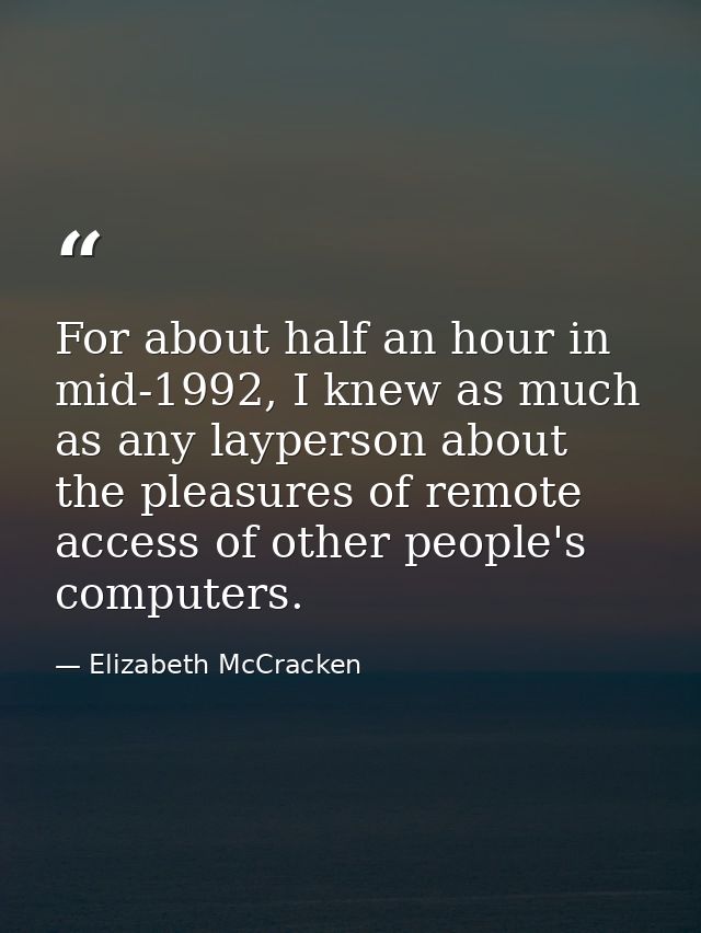 For about half an hour in mid-1992, I knew as much as any layperson about the pleasures of remote access of other people — Elizabeth McCracken
