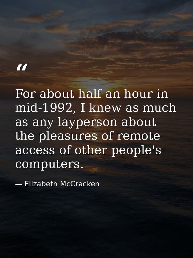For about half an hour in mid-1992, I knew as much as any layperson about the pleasures of remote access of other people — Elizabeth McCracken