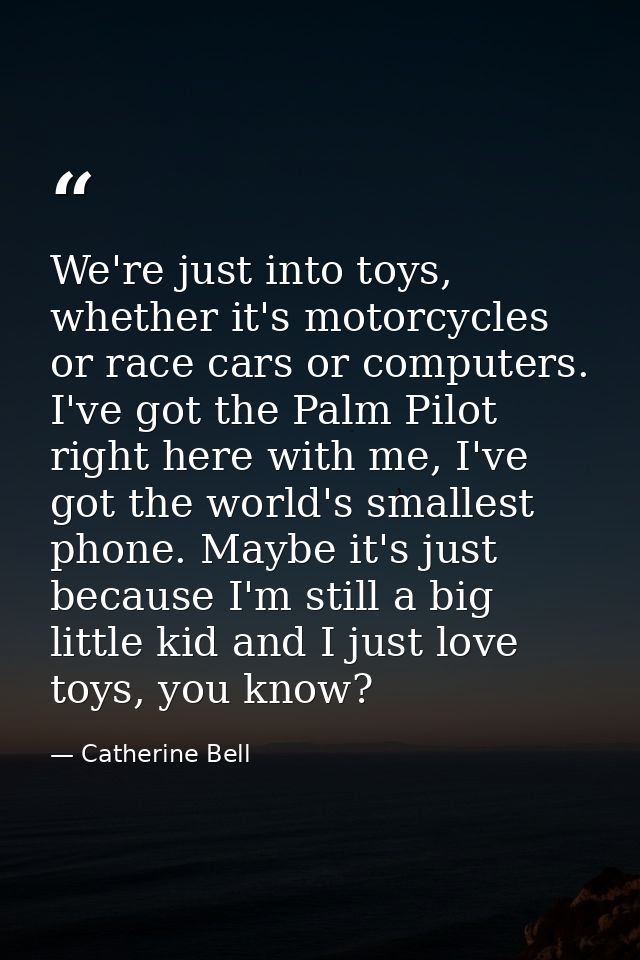 We're just into toys, whether it's motorcycles or race cars or computers. I've got the Palm Pilot right here with me, I' — Catherine Bell
