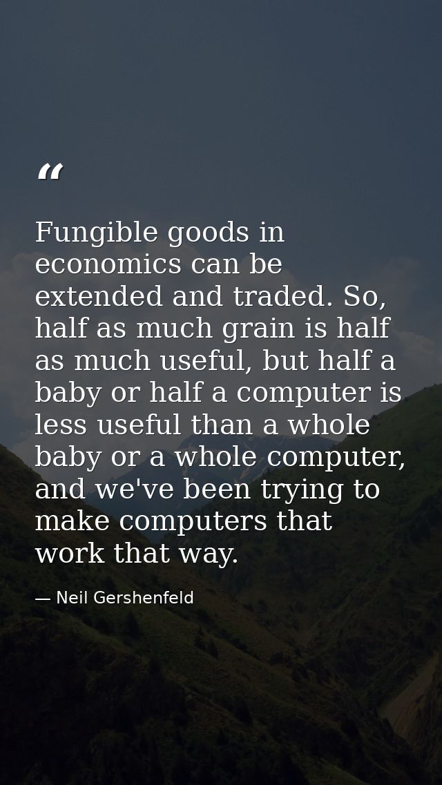 Fungible goods in economics can be extended and traded. So, half as much grain is half as much useful, but half a baby o — Neil Gershenfeld
