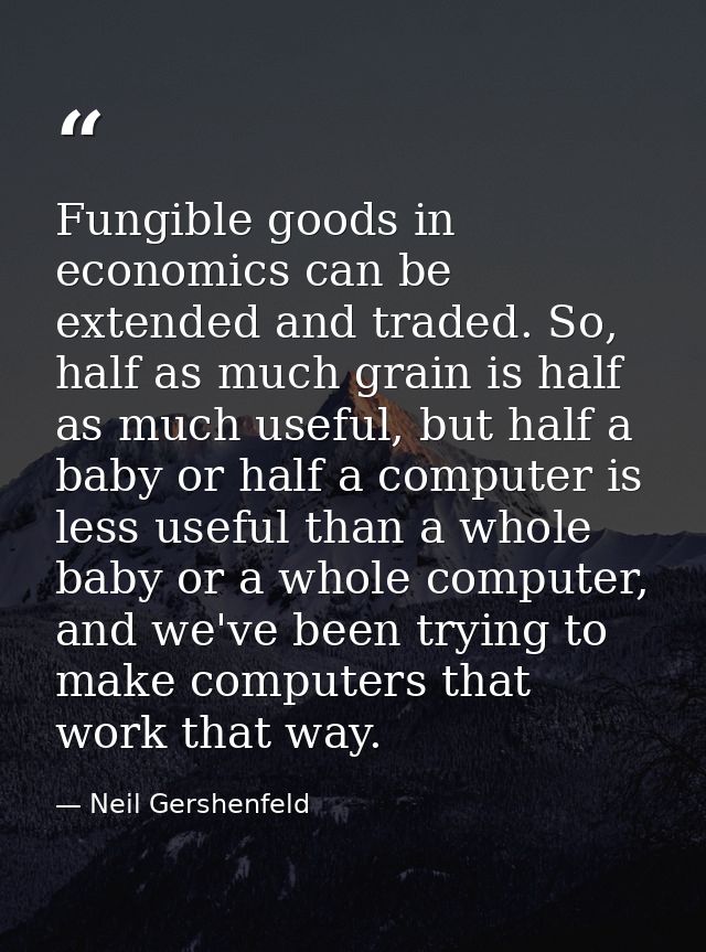 Fungible goods in economics can be extended and traded. So, half as much grain is half as much useful, but half a baby o — Neil Gershenfeld